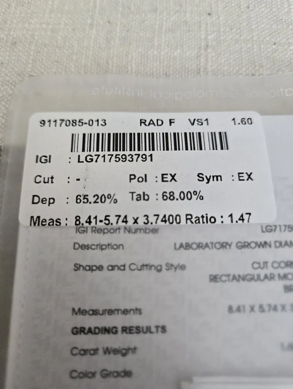 Certified Lab Grown Diamond,  Radiant Cut, 1.6 CT, F Color,  VS1 Clarity